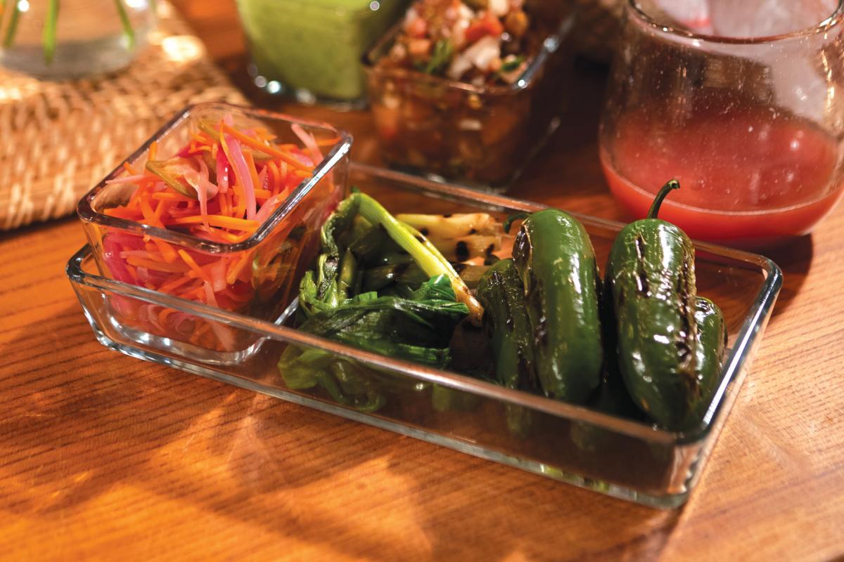 pickled and grilled jalapeños and vegetables